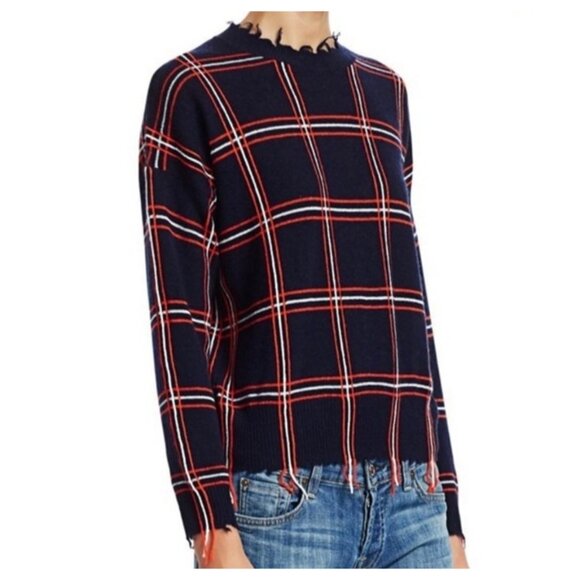 Scripted Ethan Windowpane Plaid Navy Orange Sweater distressed fringe - Picture 1 of 10